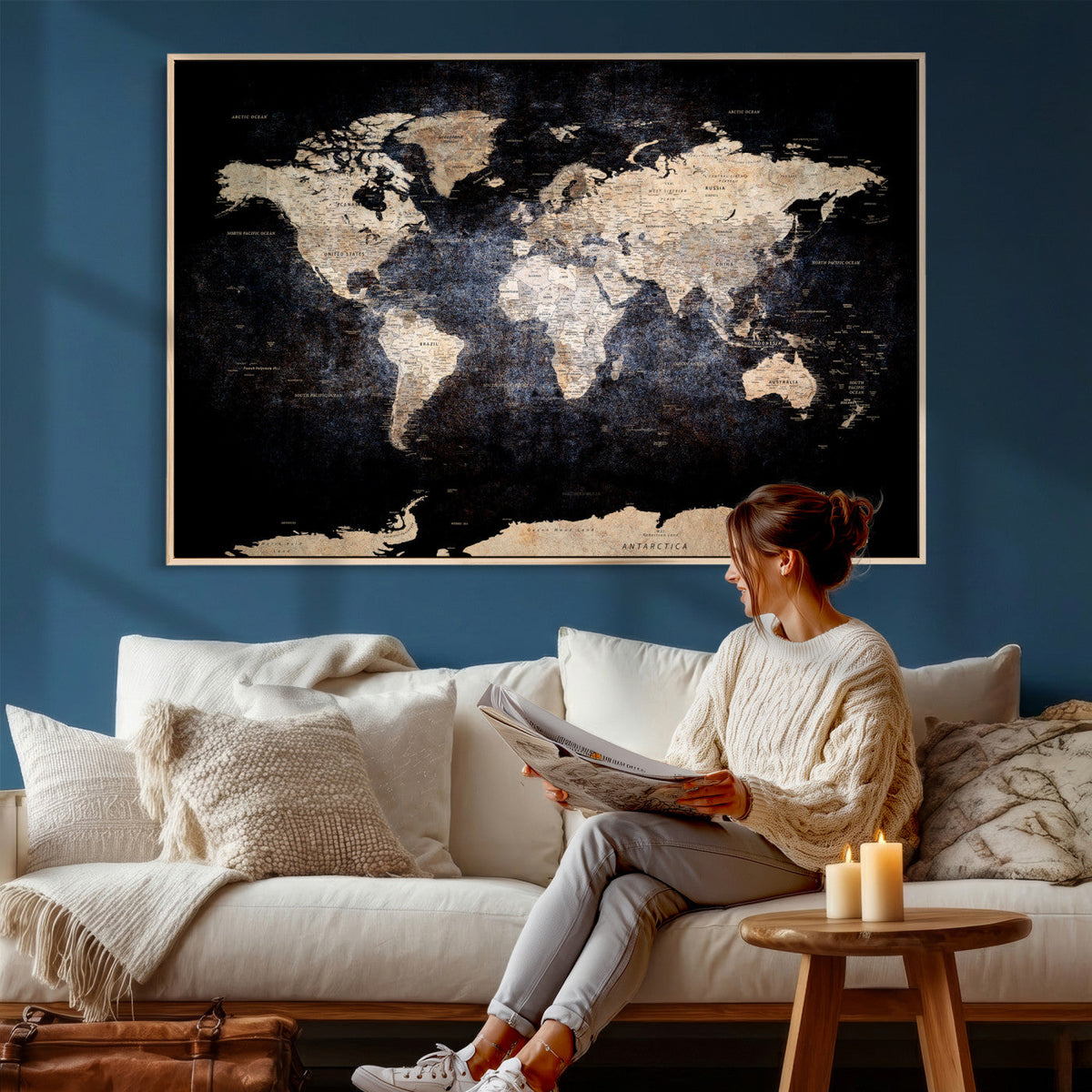 Grunge World Map Wall Art | 3-Panel Large Beige and Brown