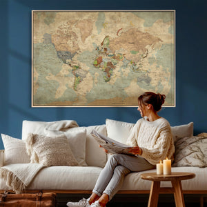 World Map Wall Art Canvas Print, Rustic Map Print, Framed