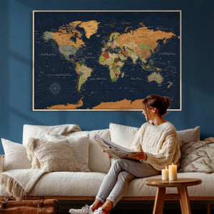 Modern World Map Canvas Print – Framed Detailed Map of the
