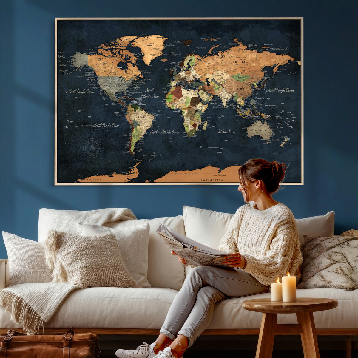 Vintage World Map Canvas Wall Art – Detailed Map with