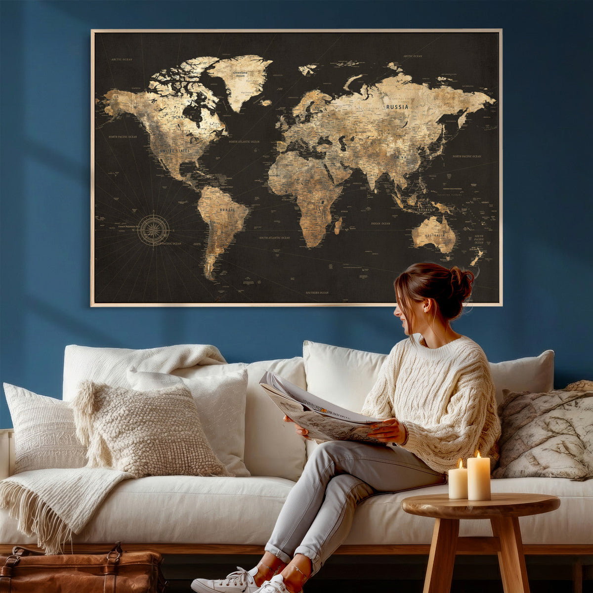 Framed World Map with Pin Canvas Print – Detailed World Map