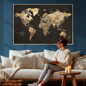 Framed World Map with Pin Canvas Print – Detailed World Map