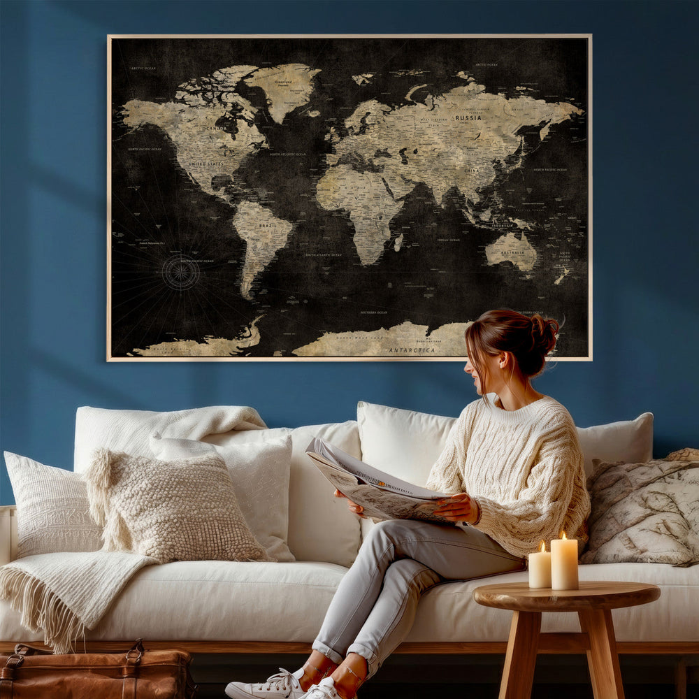 Push Pin World Map Canvas Wall Art Print, Interactive Travel
