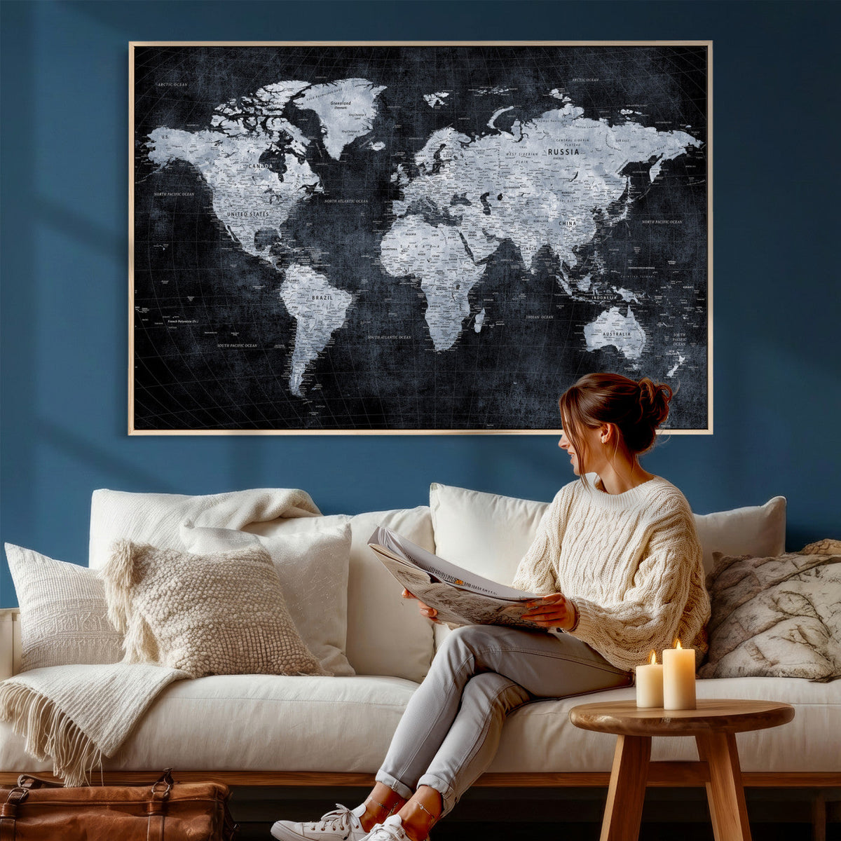 Black World Map Canvas Print – Detailed Map for Couples and