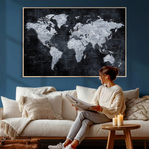 Black World Map Canvas Print – Detailed Map for Couples and