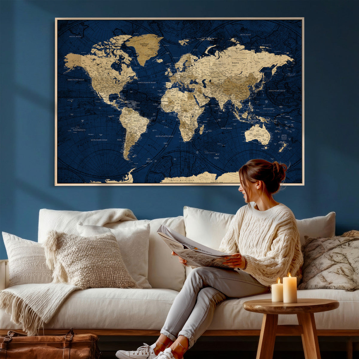 Navy Blue World Map Canvas Print – Detailed Map Minimal Navy