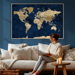 Navy Blue World Map Canvas Print – Detailed Map Minimal Navy