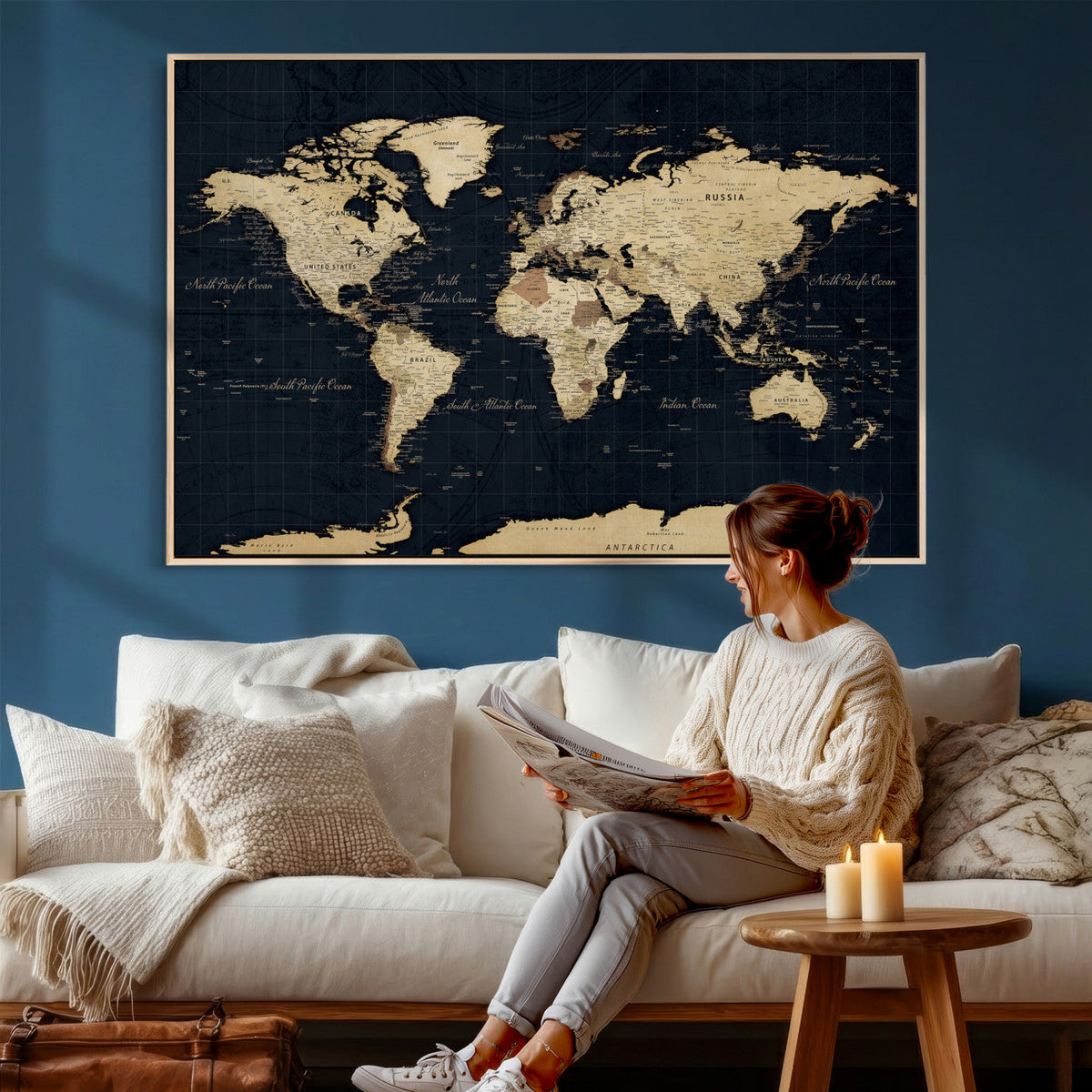 Dark World Map Canvas Wall Art Print, Minimal Black and Gold