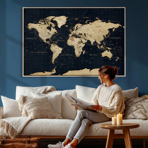 Dark World Map Canvas Wall Art Print, Minimal Black and Gold