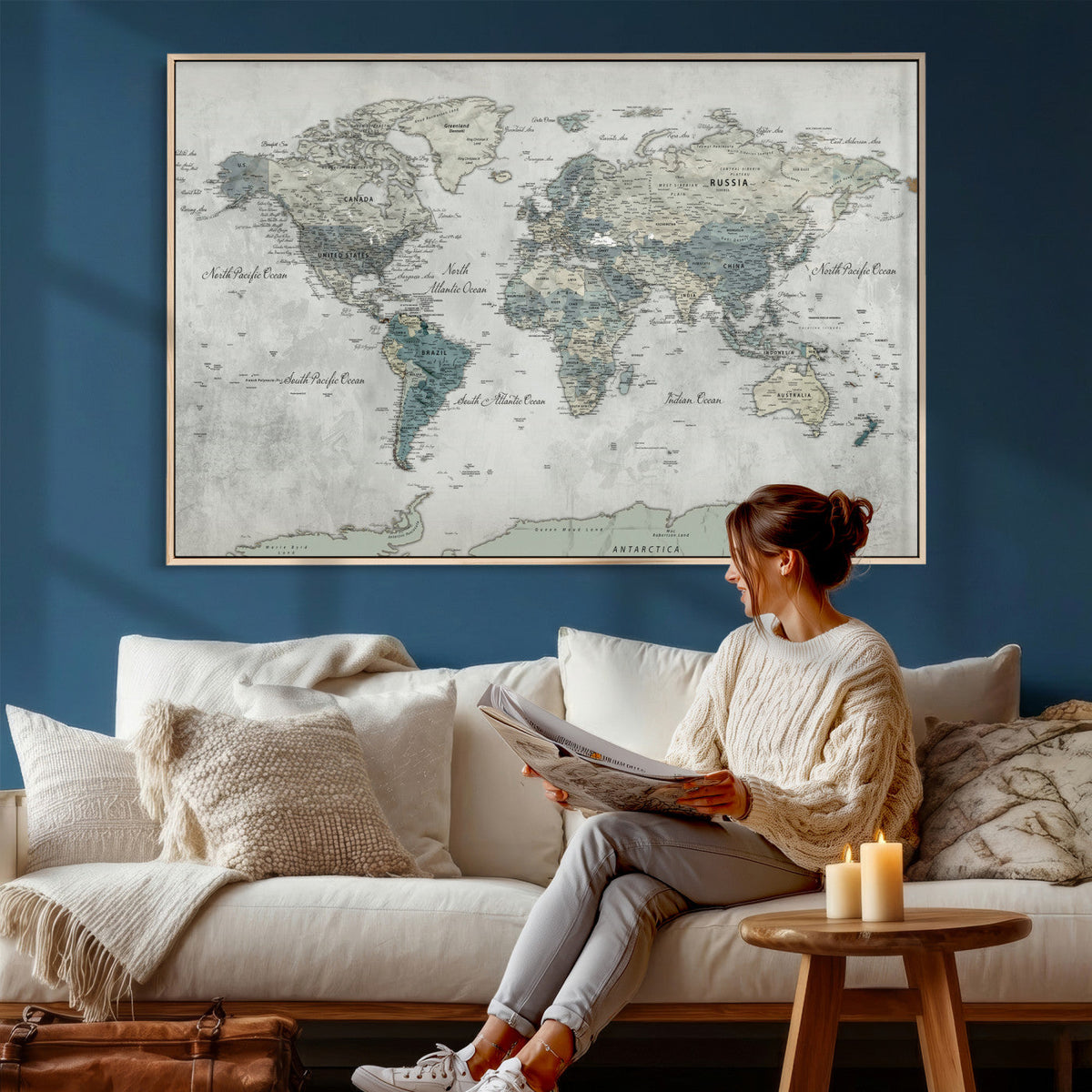 Neutral Vintage World Map Canvas Wall Art Print, Classic Map