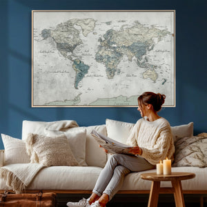 Neutral Vintage World Map Canvas Wall Art Print, Classic Map
