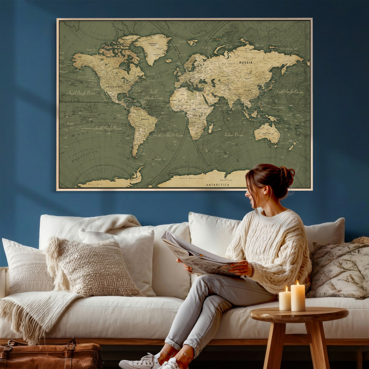 Large World Map Canvas Wall Art Print for Study Room Decor -