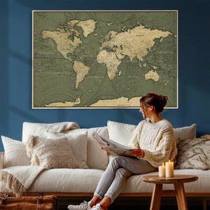 Large World Map Canvas Wall Art Print for Study Room Decor -