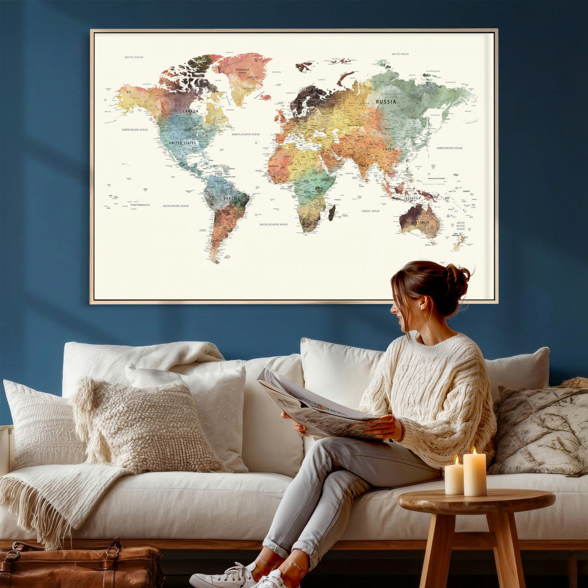 Framed World Map Wall Art Canvas Print for Living Room and