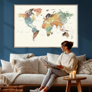 Framed World Map Wall Art Canvas Print for Living Room and