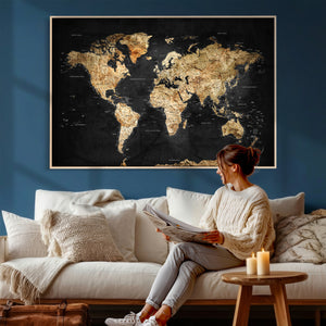 World Map Canvas Wall Art with Famous Landmarks – Framed