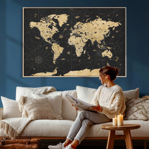 Vintage Blue and Brown World Map Canvas Wall Art – Framed