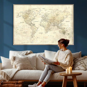 Colorful Watercolor World Map Canvas Wall Art – Framed