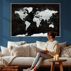 World Map Canvas Print – Framed Push Pin Wall Art, Color
