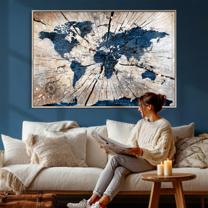 Rustic World Map Canvas Print – Framed Wall Art for Couples,