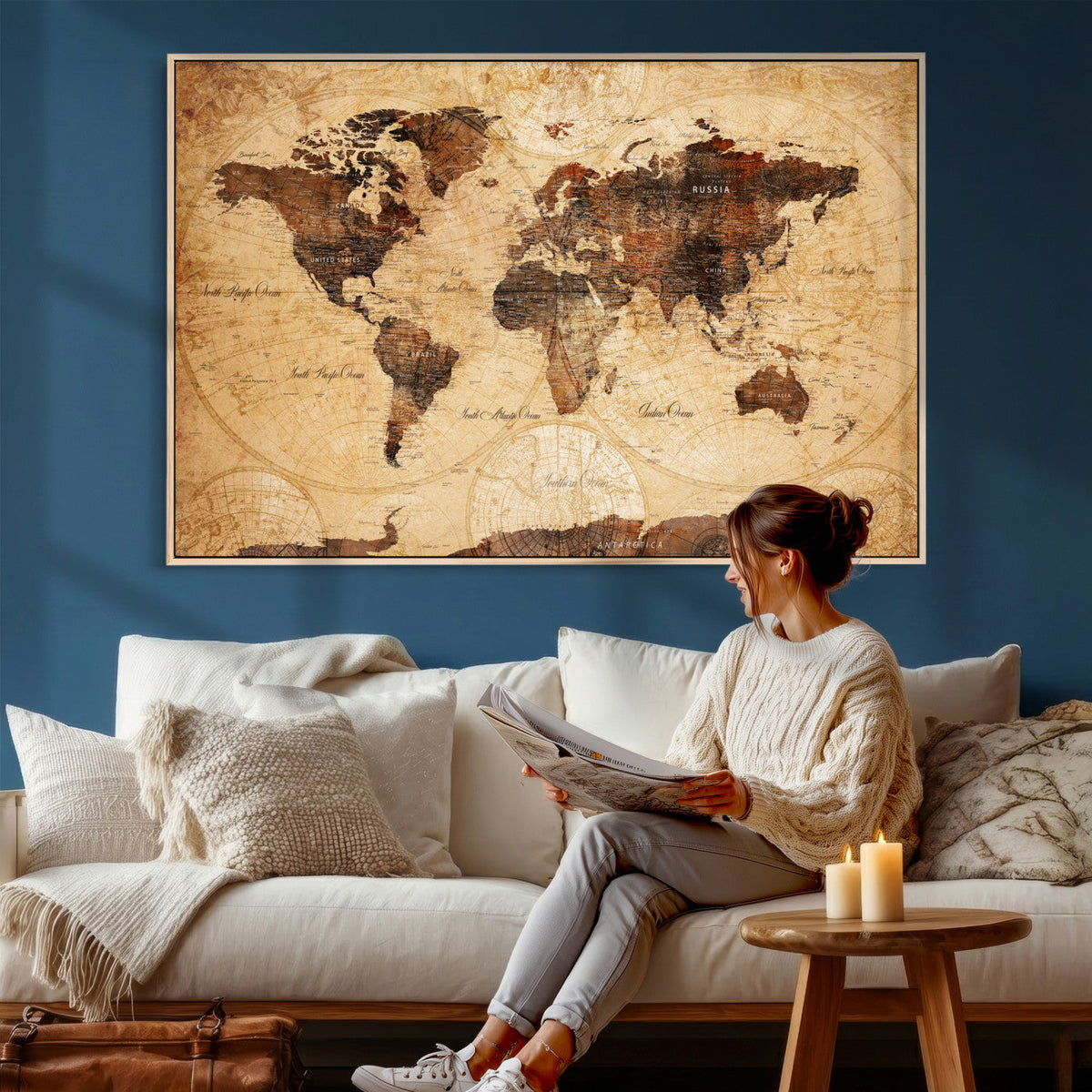 Modern Red and Gray World Map Canvas Print – Framed Wall Art