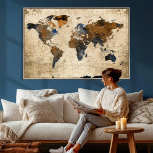 World Map Wall Art Canvas Print, Modern Decorative Framed