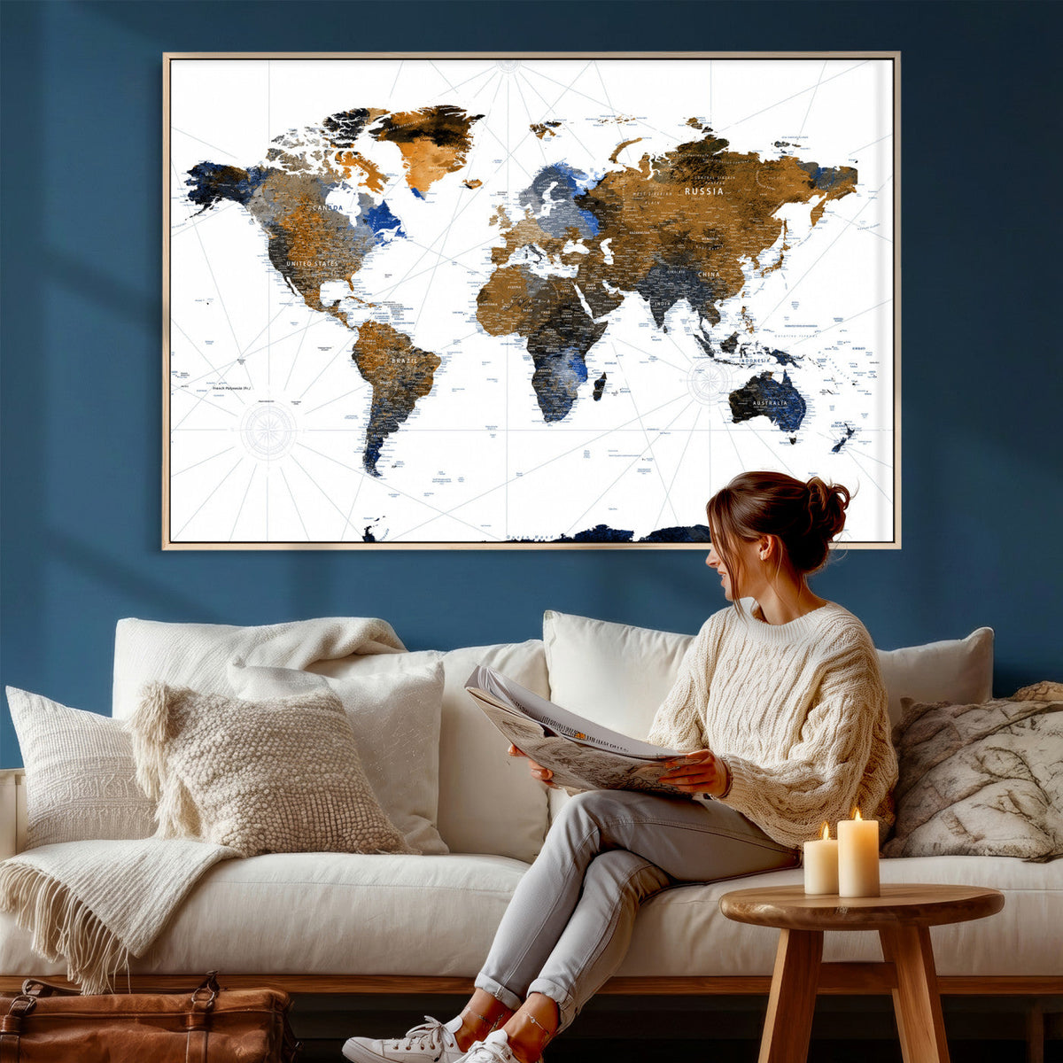 World Map Wall Art Canvas Print, Modern Decorative Framed