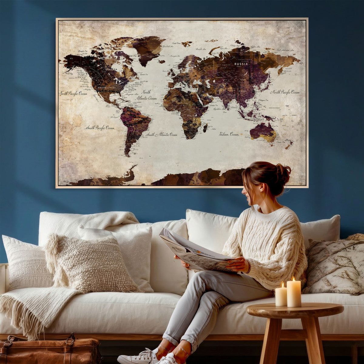 World Map Canvas Triptych – Colorful Global Wall Art for