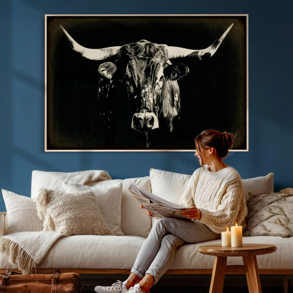 Black Bull Wall Art Canvas Print, Texas Longhorn Portrait