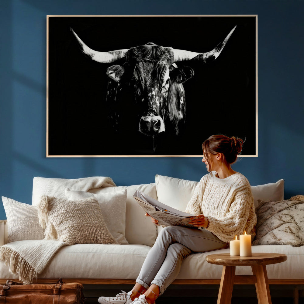 Black Bull Wall Art Canvas Print, Dark Longhorn Portrait