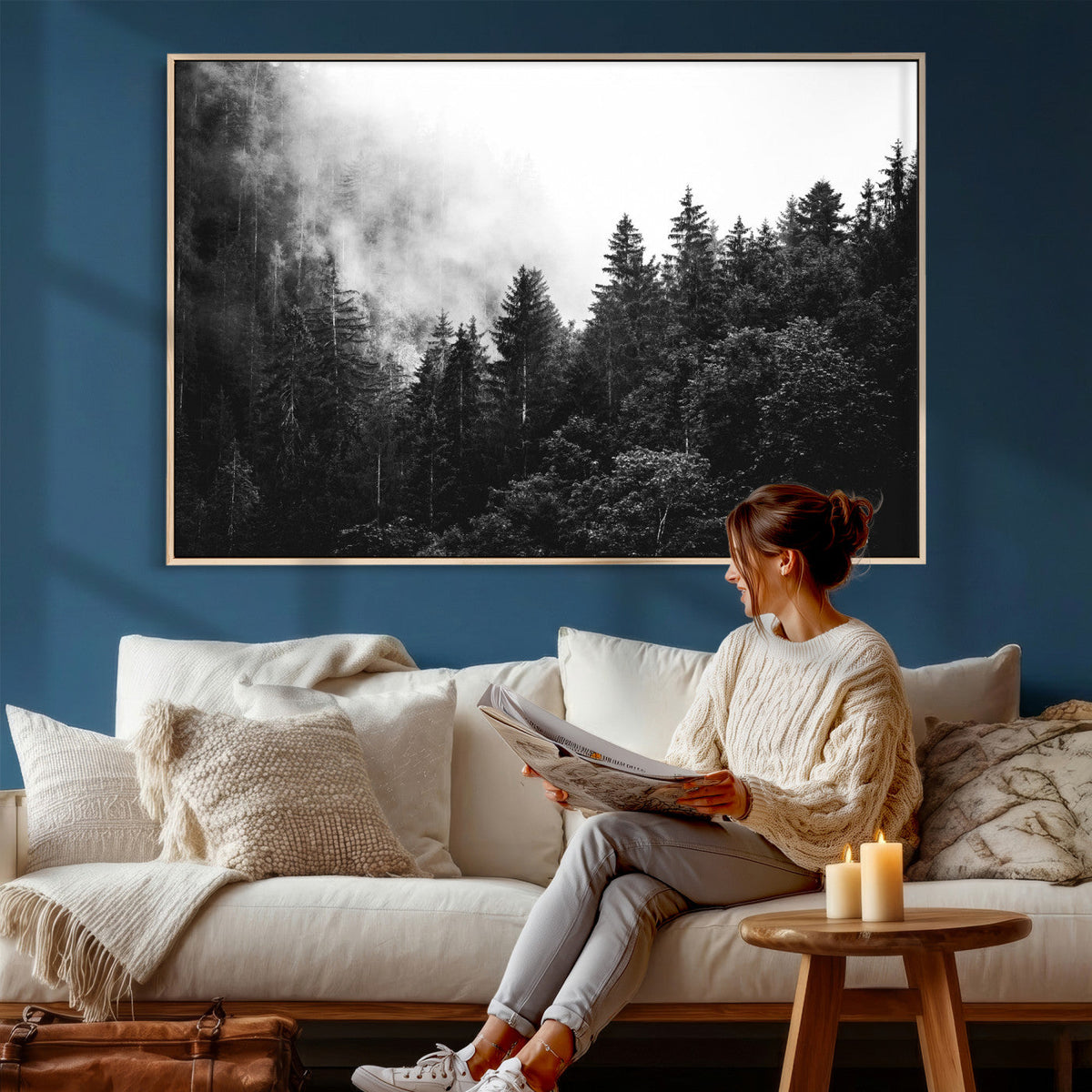 Black White Forest Wall Art Canvas Print, Misty Pine Tree