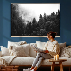 Black White Forest Wall Art Canvas Print, Misty Pine Tree