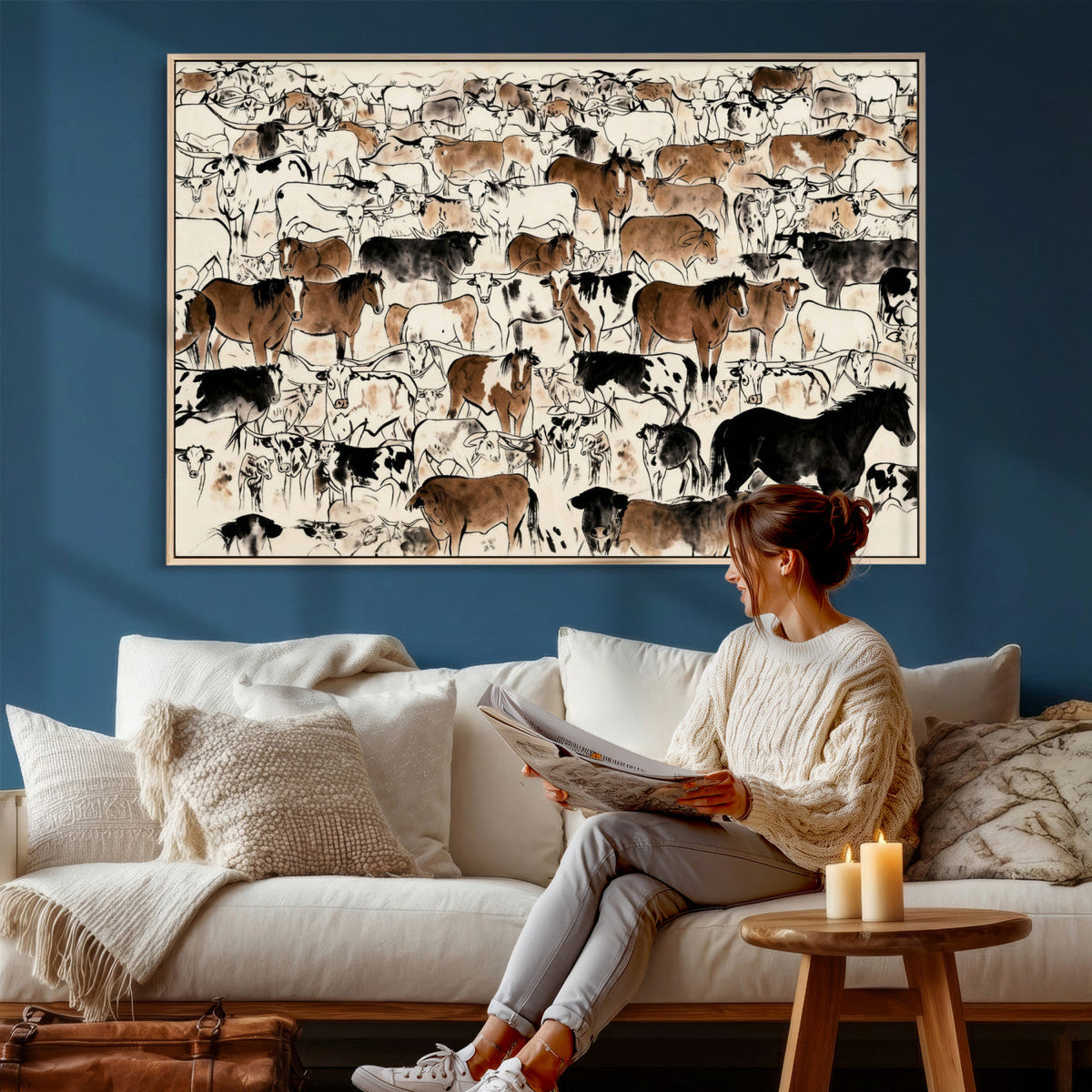 Farmhouse Animals Horse Longhorn Cow Wall Art Canvas Print -
