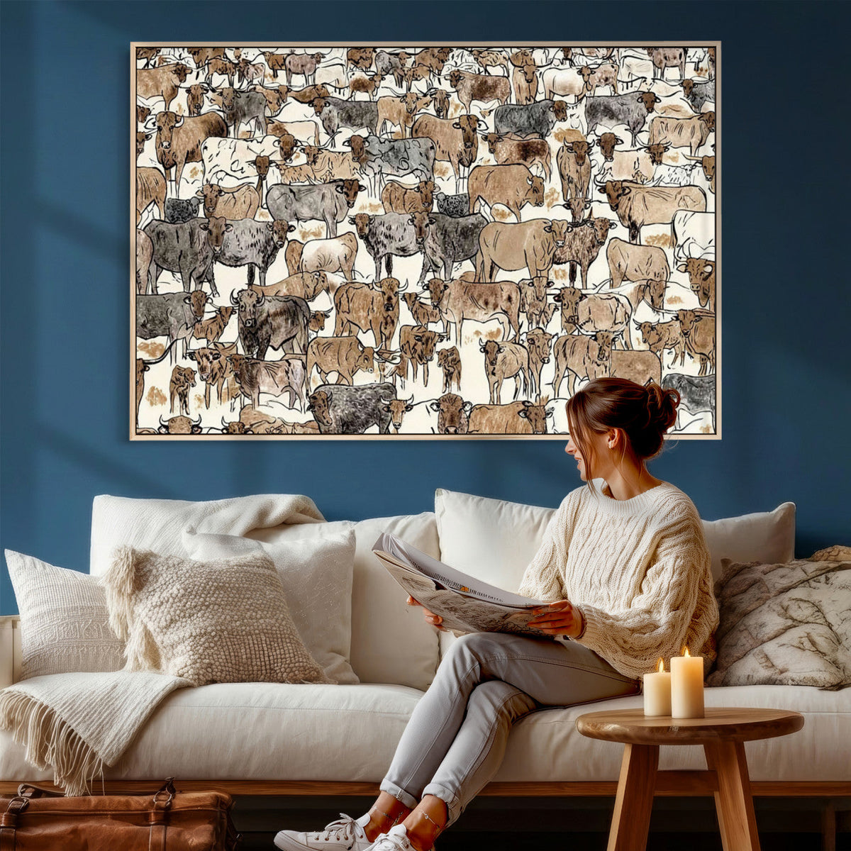 Abstract Longhorn Wall Art Canvas Print - Cow Animal Drawing