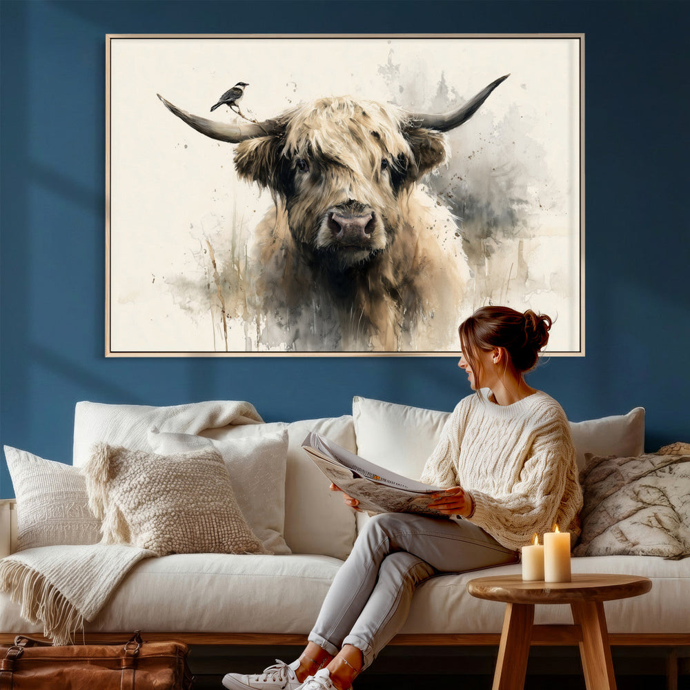 Abstract Highland Cow Wall Art Canvas Print, Rustic Farm