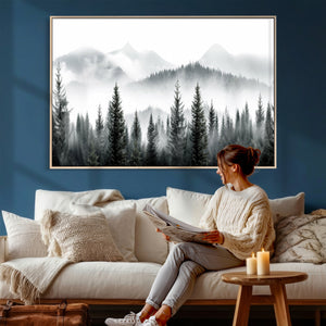 Misty Pine Forest Mountain Landscape Wall Art Canvas Print