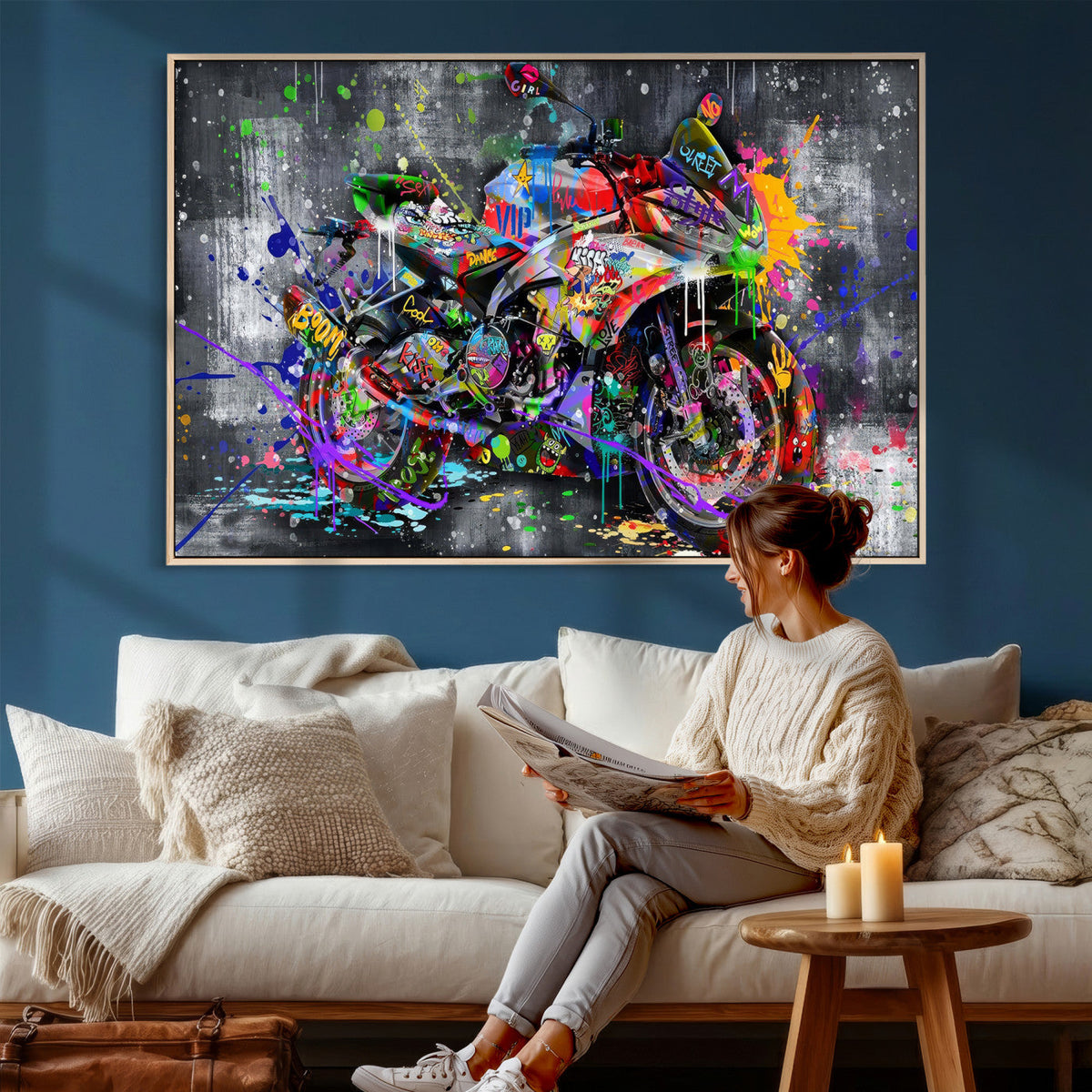 Graffiti Motorcycle Wall Art Canvas Print, Urban Street Art