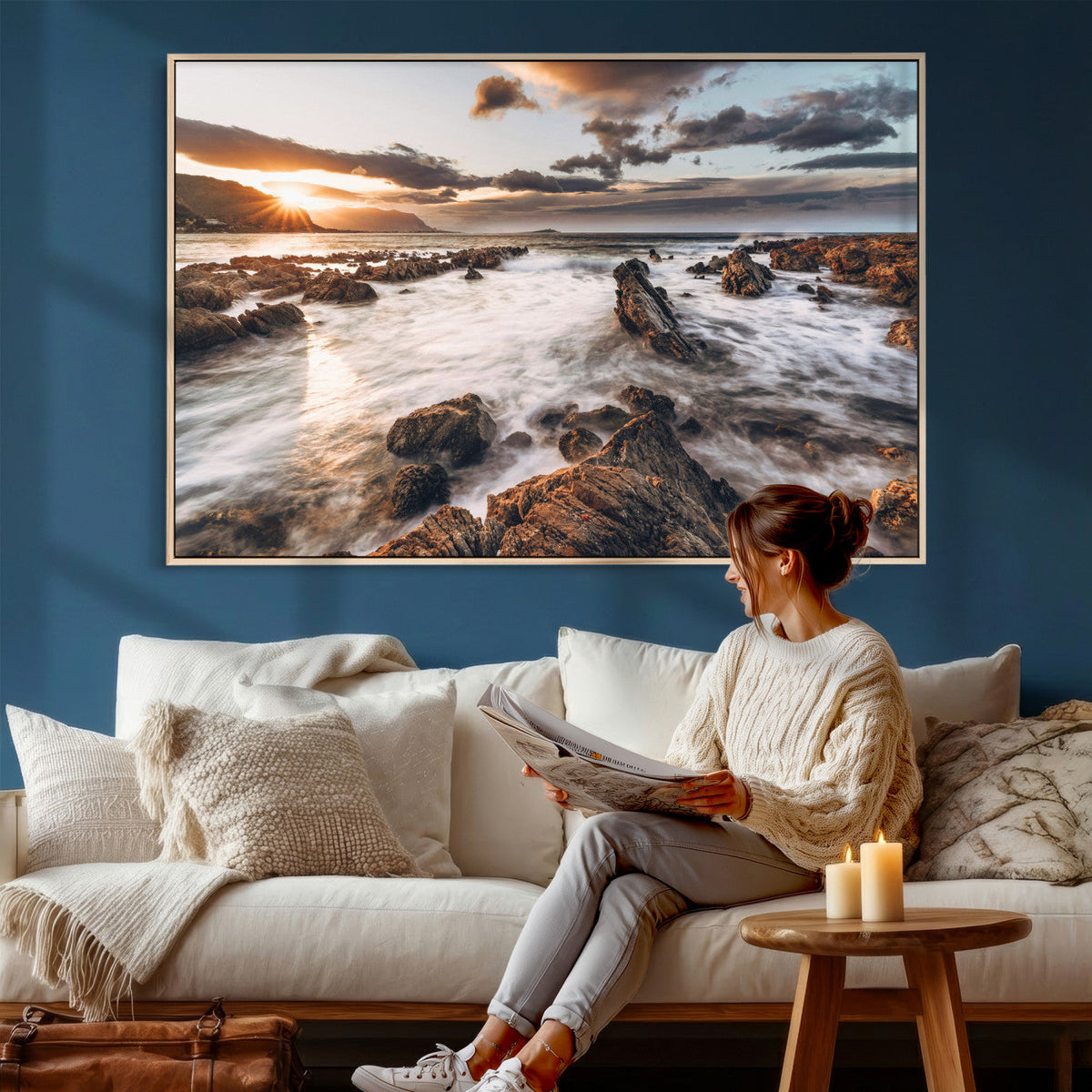 Rocky Coast Ocean Sunset Wall Art Canvas Print, Dramatic