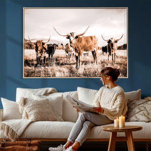 Texas Longhorn Cattle Wall Art Canvas Print, Sepia Western