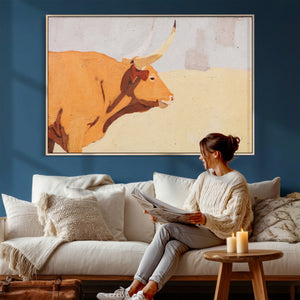 Minimal Longhorn Bull Wall Art Canvas Print, Neutral Western