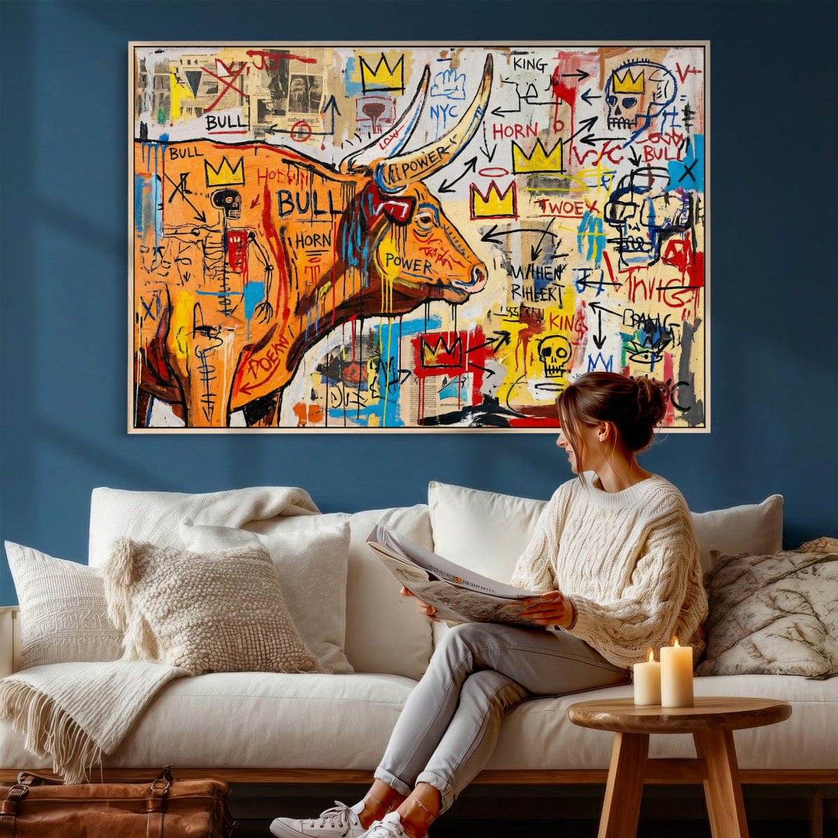 Basquiat Style Bull Graffiti Wall Art Canvas Print, Street