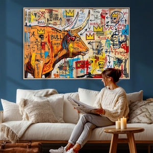 Basquiat Style Bull Graffiti Wall Art Canvas Print, Street