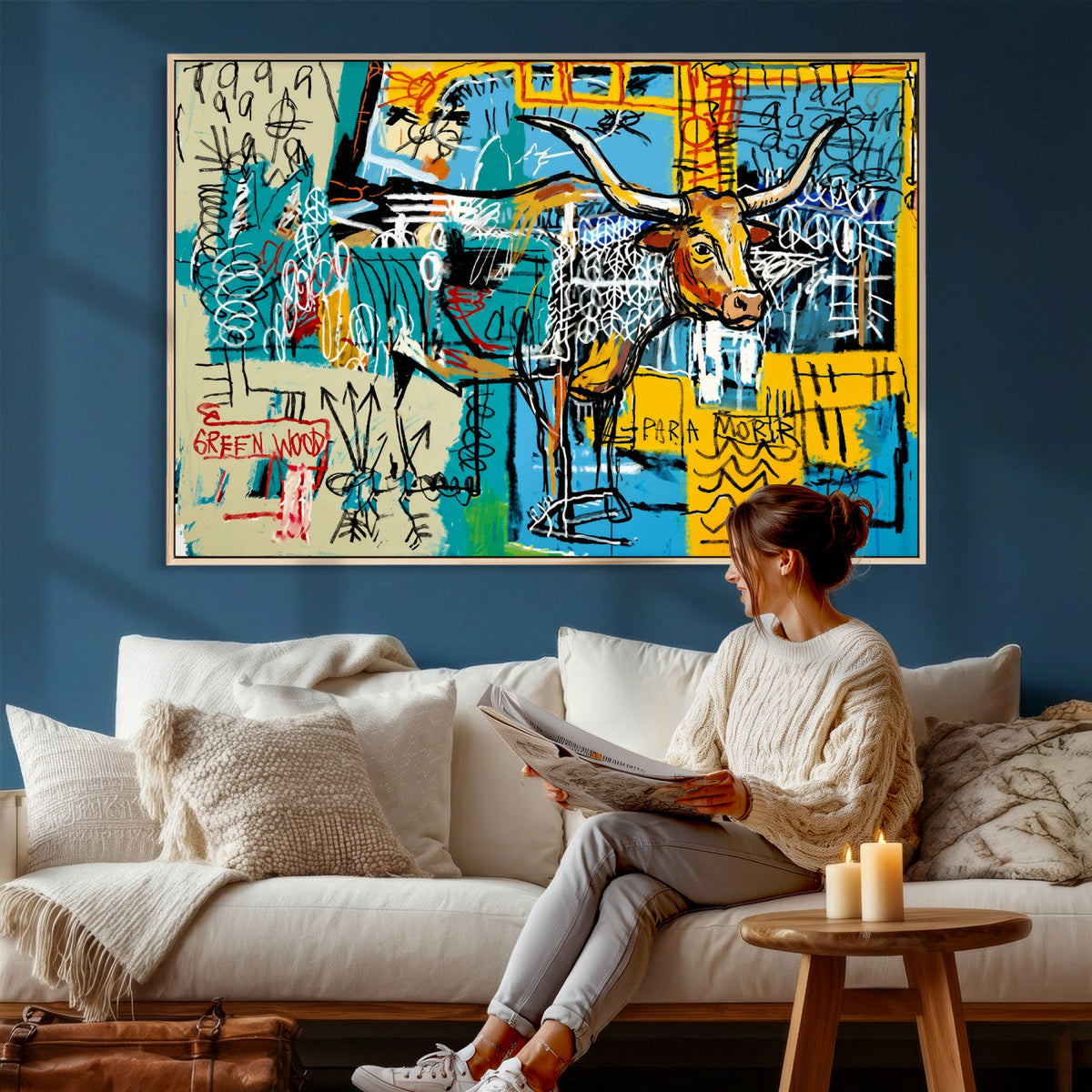 Basquiat Style Bird Bull Graffiti Wall Art Canvas Print,