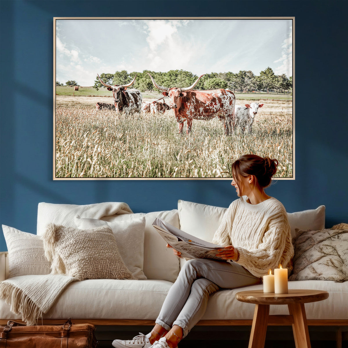 Texas Longhorn Cattle Wall Art Canvas Print, Rustic Ranch