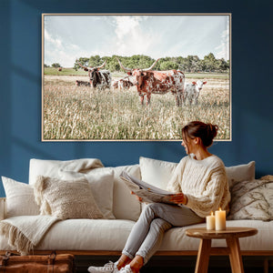 Texas Longhorn Cattle Wall Art Canvas Print, Rustic Ranch