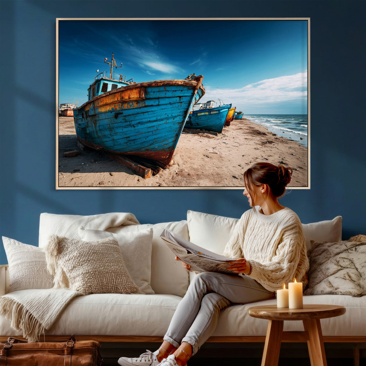 Coastal Fishing Boats Wall Art Canvas Print, Sunset Beach