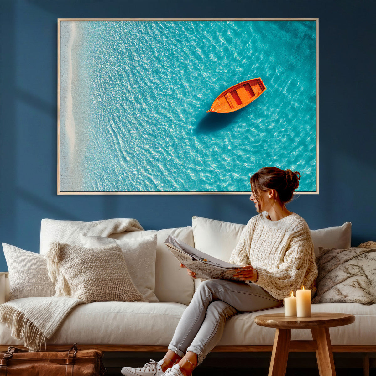 Minimalist Boat Wall Art Canvas Print, Aerial Sea Landscape