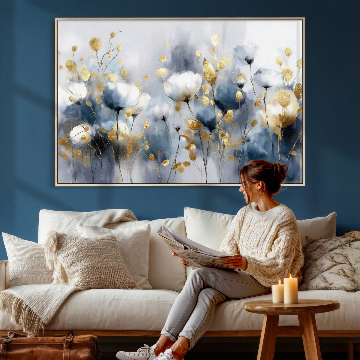Large Abstract Flowers Wall Art Canvas Print – Gold and Blue