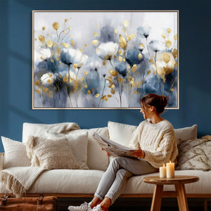 Large Abstract Flowers Wall Art Canvas Print – Gold and Blue