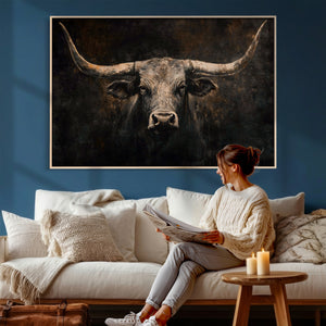 Vintage Longhorn Bull Wall Art Canvas Print – Rustic Western